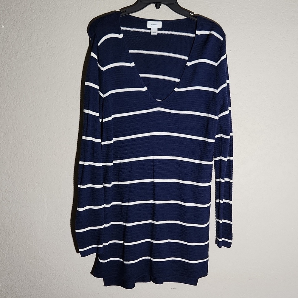 Old Navy Sweater size M knit navy blue white high low tunic top Stripe